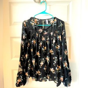 Long sleeve partially netted black large floral blouse